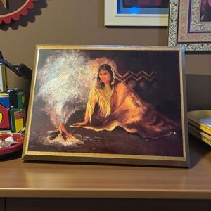 Native American Foil Art Picture Vintage Laminated On Wood 8.5”x6.5”